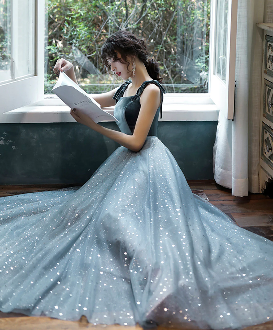 Blue Sweetheart Tulle Lace Long Prom Dress, Blue Tulle Formal Dress with Velvet - Deanwangkt