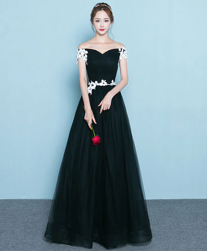 Cute Black Long Prom Dress, Lace Evening Dress - Deanwangkt