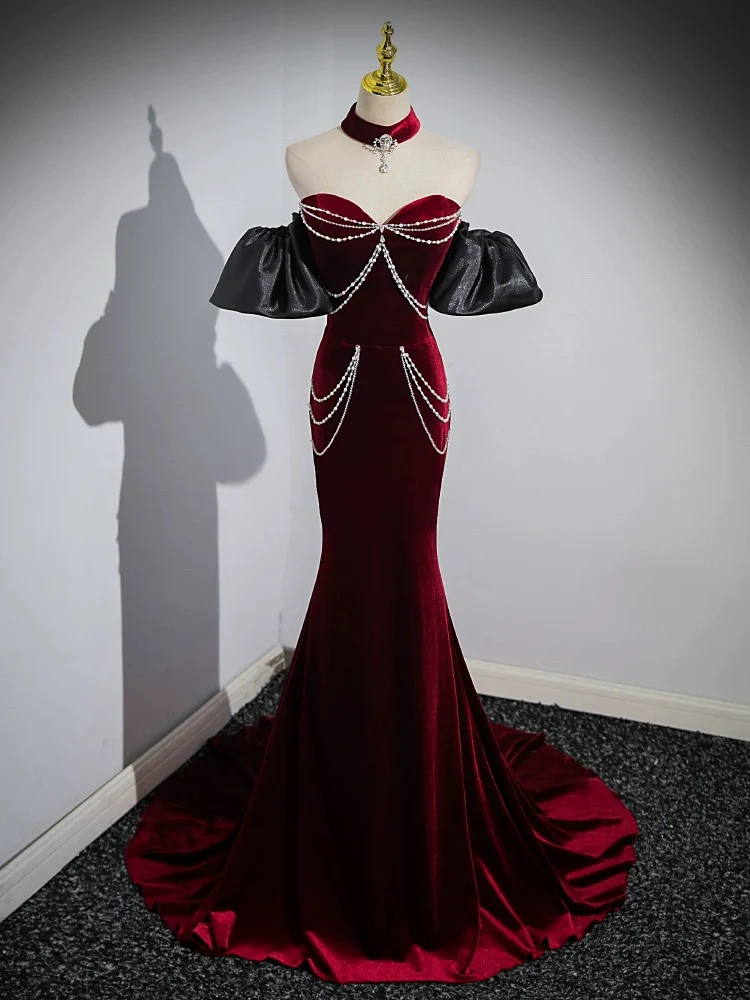 Trumpet/Mermaid Velvet Burgundy Long Prom Dress with Beads - Deanwangkt
