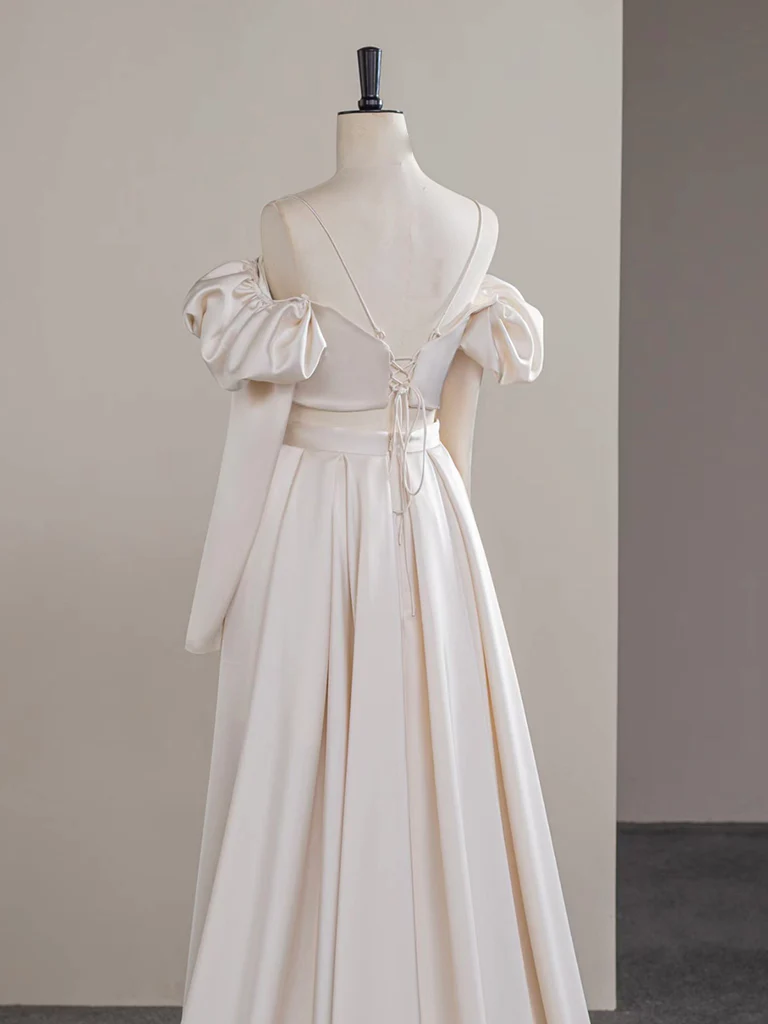 A-Line Two Pieces Satin Champagne Long Prom Dress, Champagne Formal Dress - Deanwangkt