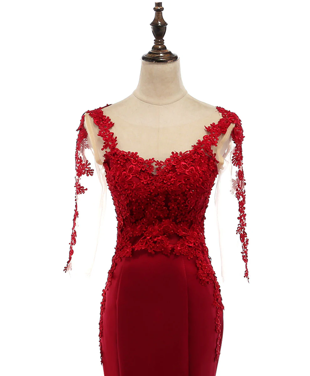 Burgundy Round Neck Lace Satin Mermaid Long Prom Dress Lace Formal Dress - Deanwangkt