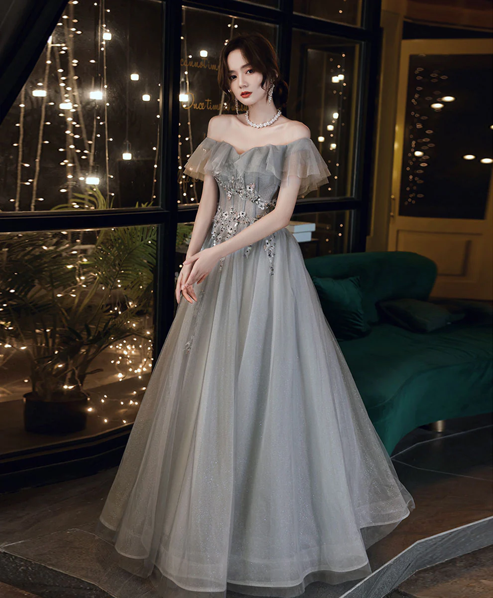Gray Sweetheart Tulle Lace Long Prom Dress, Gray A line Formal Graduation Dress - Deanwangkt
