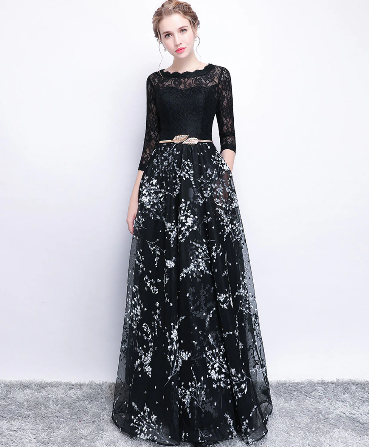 Black Lace Long Prom Dress, Long Sleeve Evening Party Dress - Deanwangkt