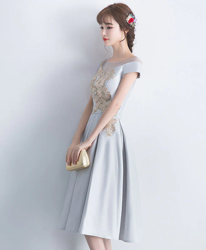 Gray Satin Lace Short Prom Dress, Gray Bridesmaid Dress - Deanwangkt