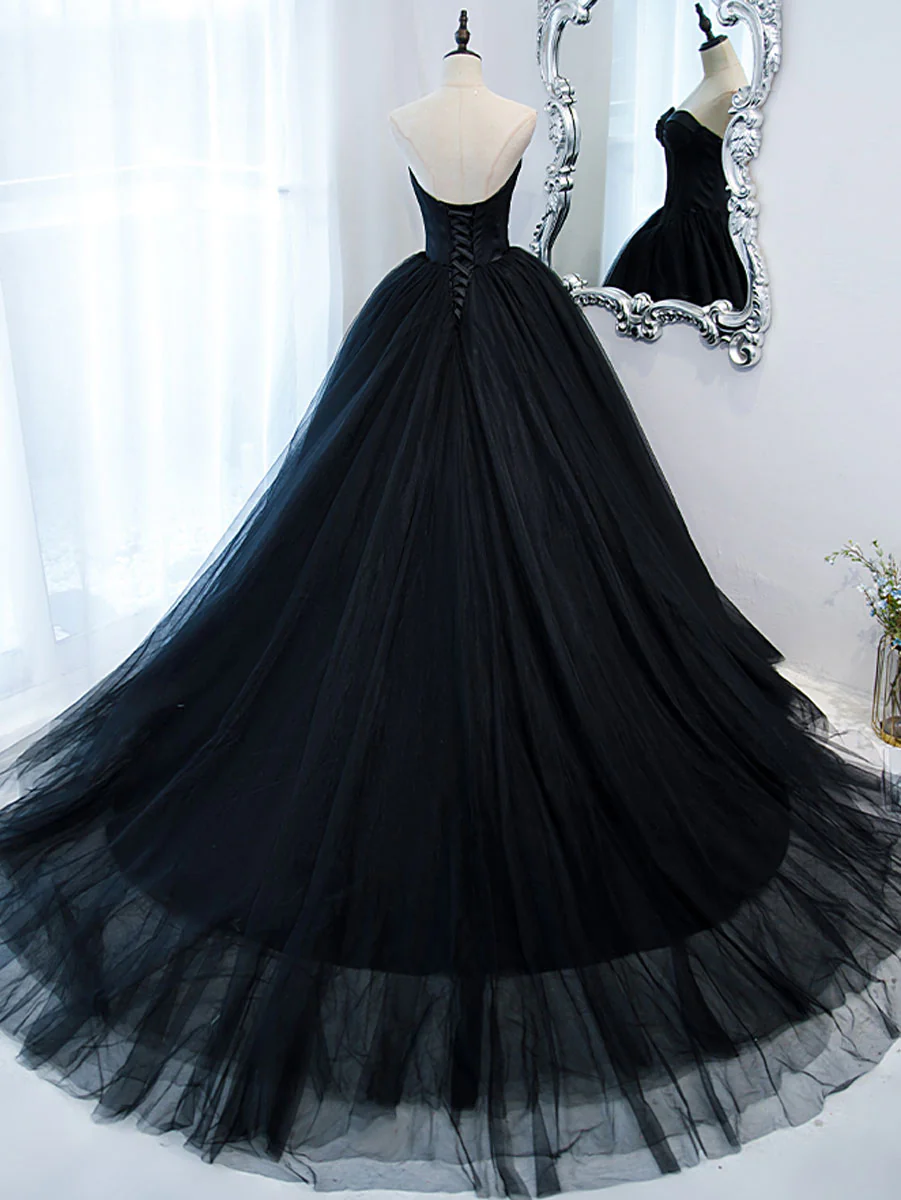 Simple Black Sweetheart Neck Tulle Long Prom Dress, Black Evening Dresses - Deanwangkt