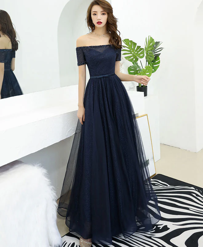 Dark Blue Tulle Long Prom Dress, Blue Tulle Evening Dress - Deanwangkt