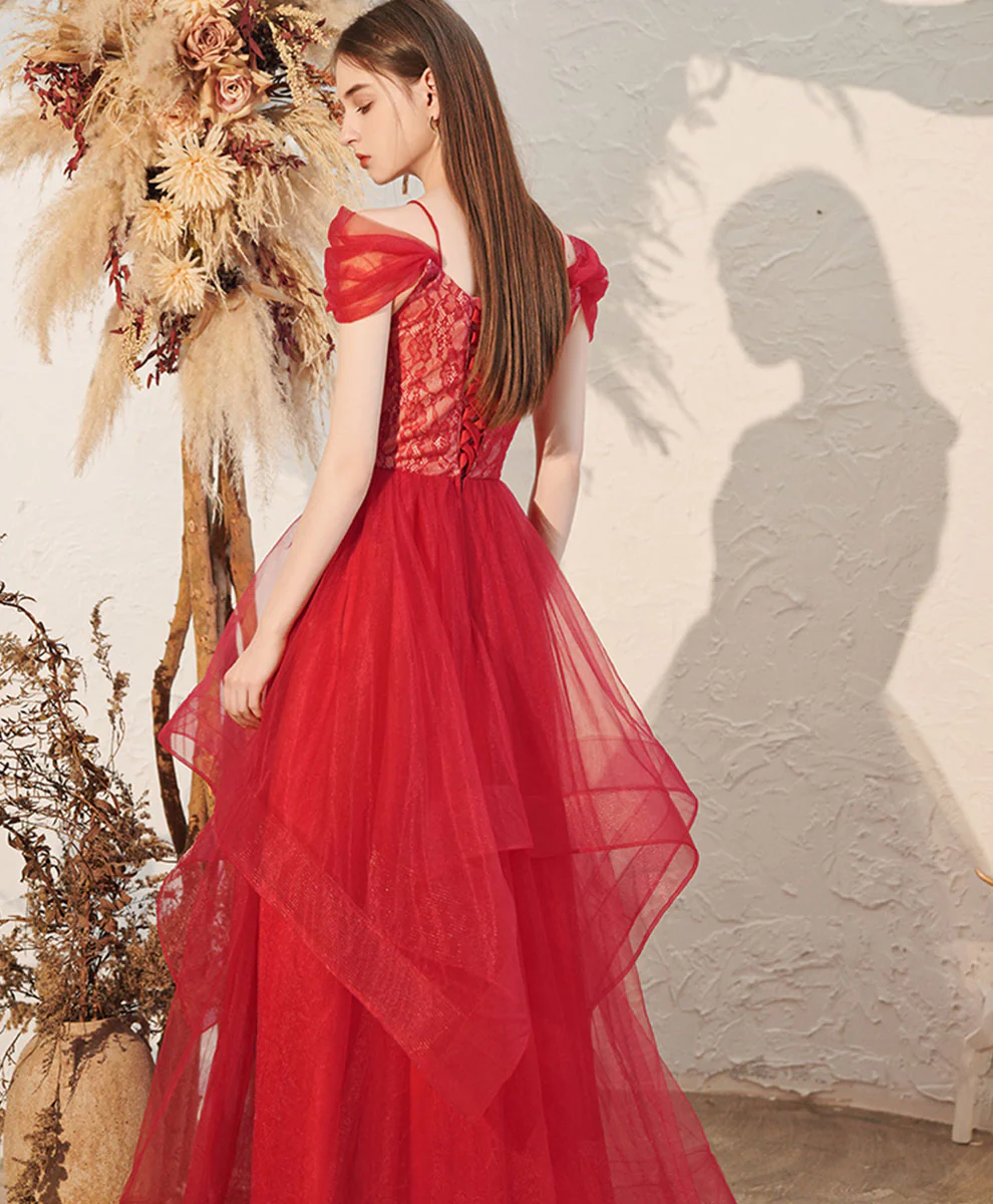 Red V Neck Tulle Ooff Shoulder Long Prom Dress, Red Formal Graduation Dress - Deanwangkt
