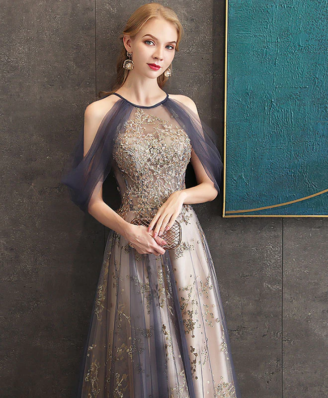 Gray Blue High Neck Tulle Lace Long Prom Dress Gray Tulle Formal Dress - Deanwangkt