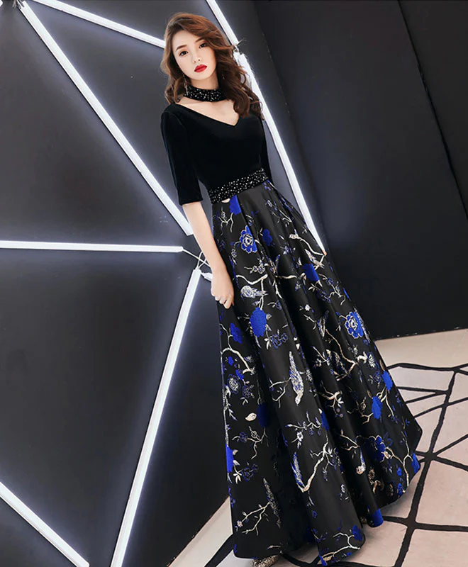 Black V Neck Satin Long Prom Dress, Black Evening Dress - Deanwangkt