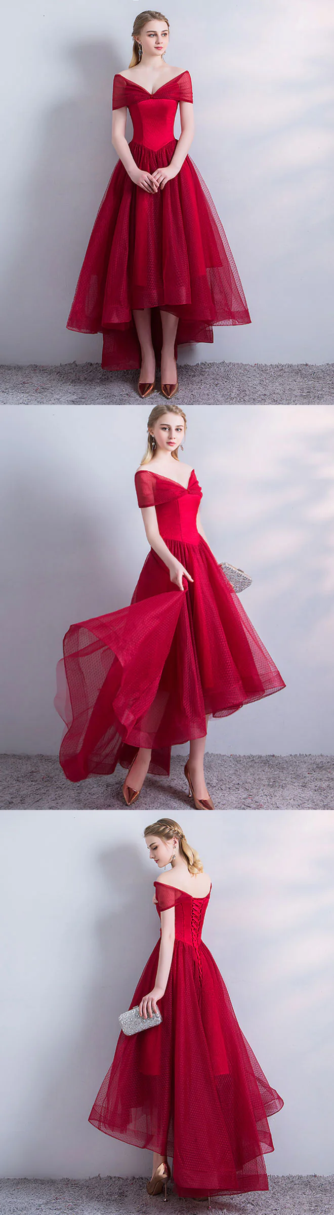 A Line V Neck High Low Burgundy Prom Dress, Burgundy Homecoming Dress - Deanwangkt