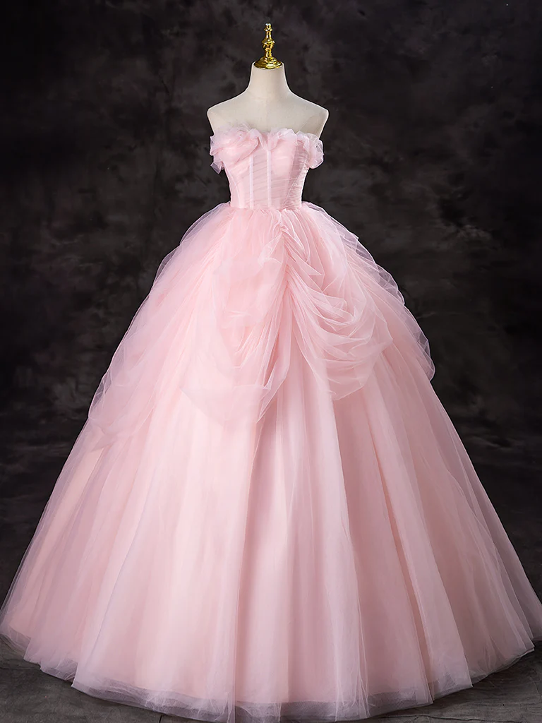 A-Line Tulle Pink Long Prom Dress, Pink Long Sweet 16 Dress - Deanwangkt