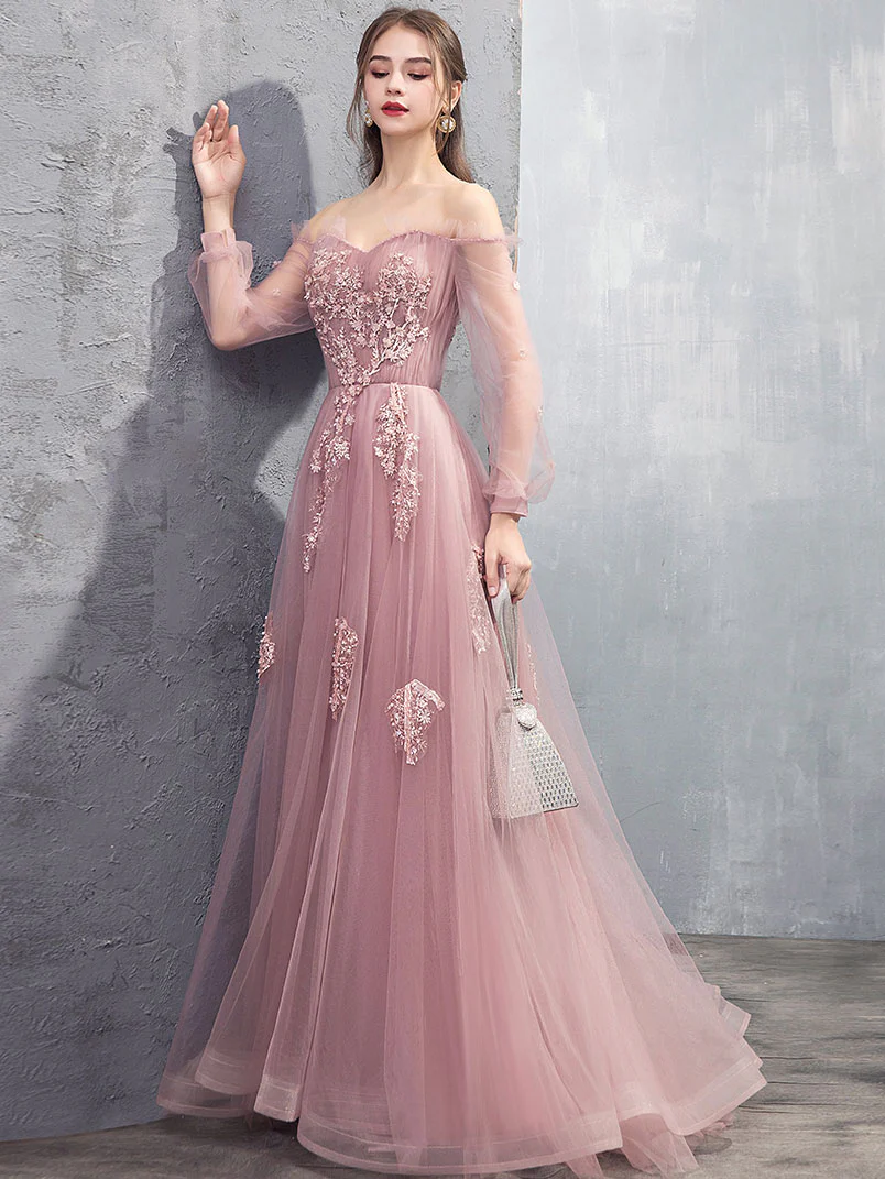 Pink A-line Tulle Lace Long Prom Dress Pink Lace Evening Dress - Deanwangkt