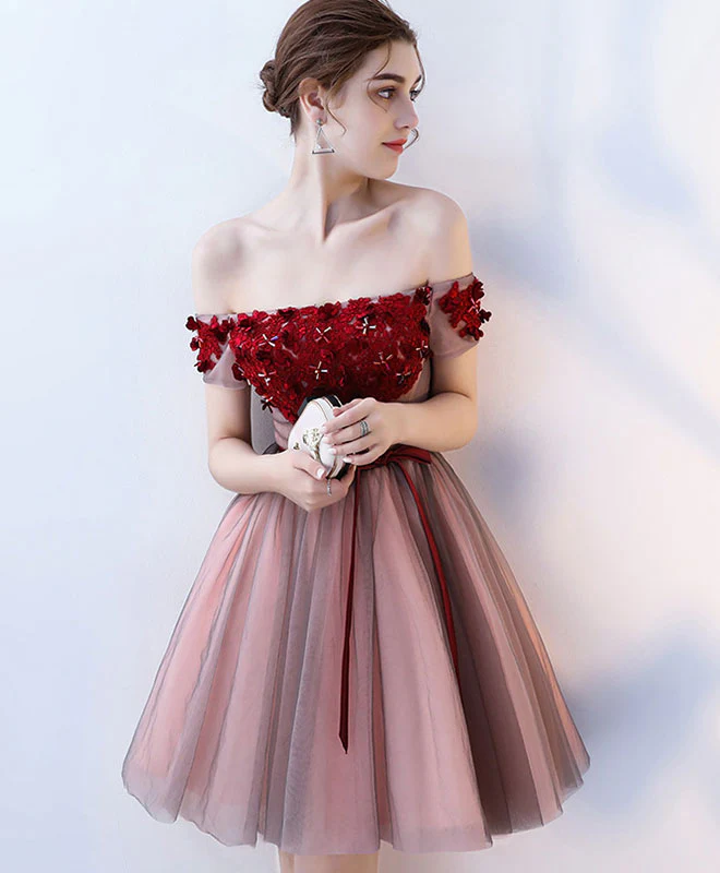 Burgundy Tulle Off Shoulder Short Prom Dress, Burgundy Homecoming Dress - Deanwangkt
