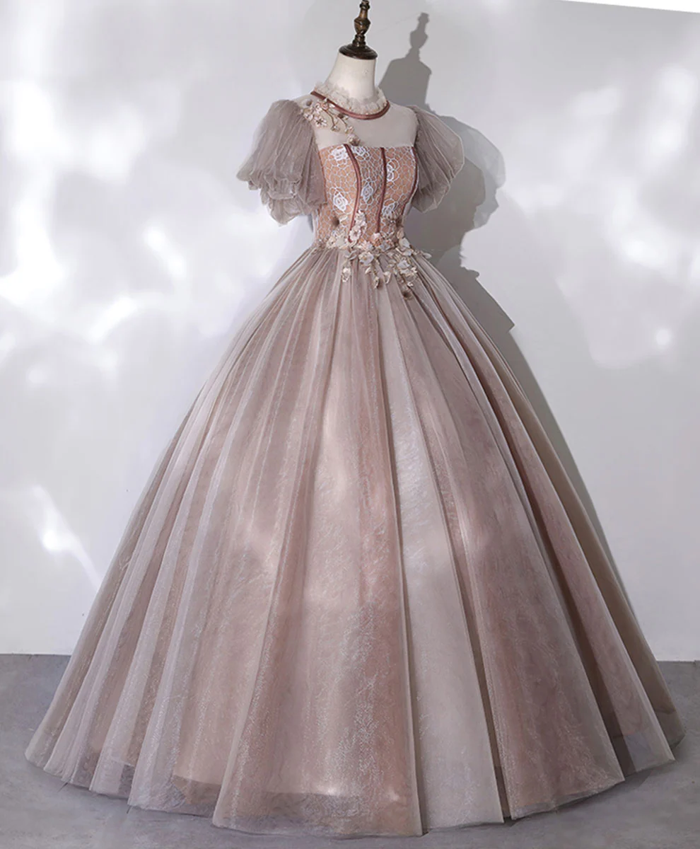 Pink Tulle Long Prom Dress, Pink Formal Sweet 16 Dress with Applique Beading - Deanwangkt