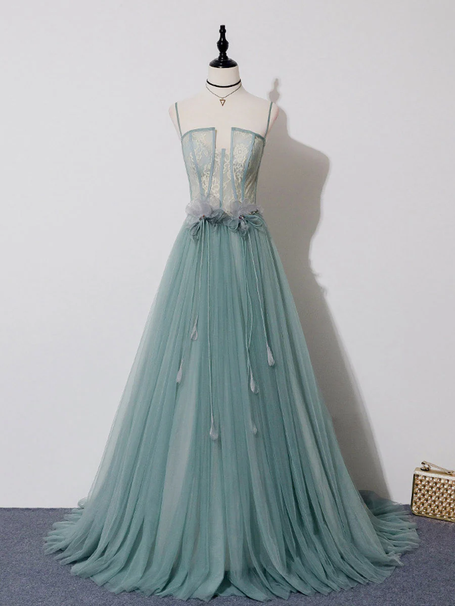 Green A-line Tulle Lace Long Prom Dress Green Tulle Formal Dress - Deanwangkt