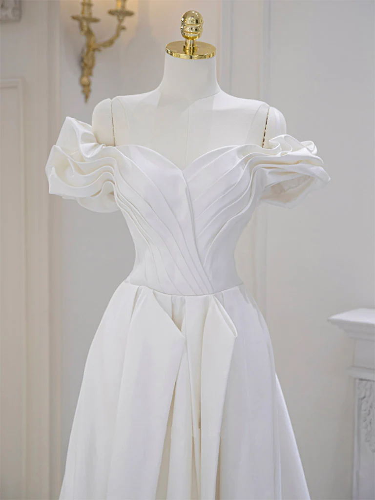 A-Line Off Shoulder Satin ivory Long Prom Dress, Ivory  Long Bridesmaid Dress - Deanwangkt