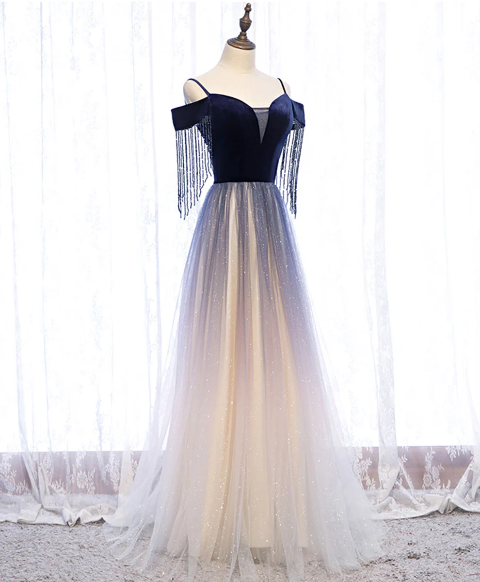 Blue Tulle Long Prom Dress Blue Tulle Formal Dress with Beading Velvet - Deanwangkt