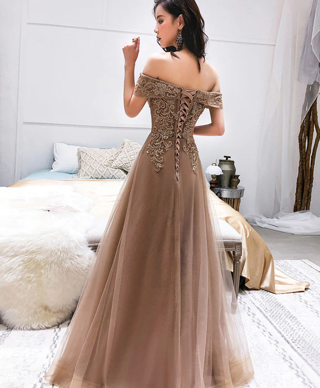 Champagne Tulle Off Shoulder Long Prom Dress, Tulle Evening Dress - Deanwangkt