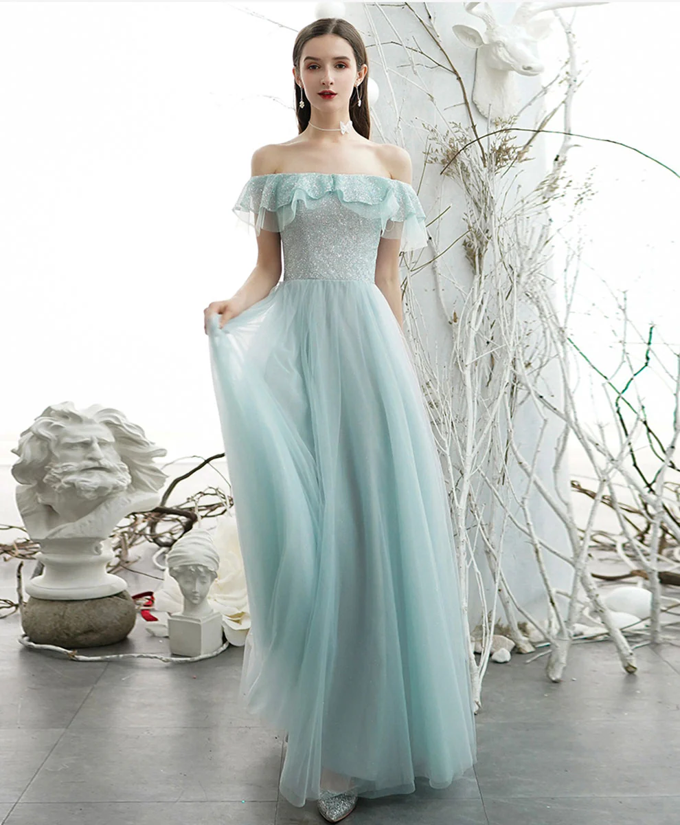 Green Tulle Sequin Long Prom Dress, Green Formal Graduation Dress - Deanwangkt