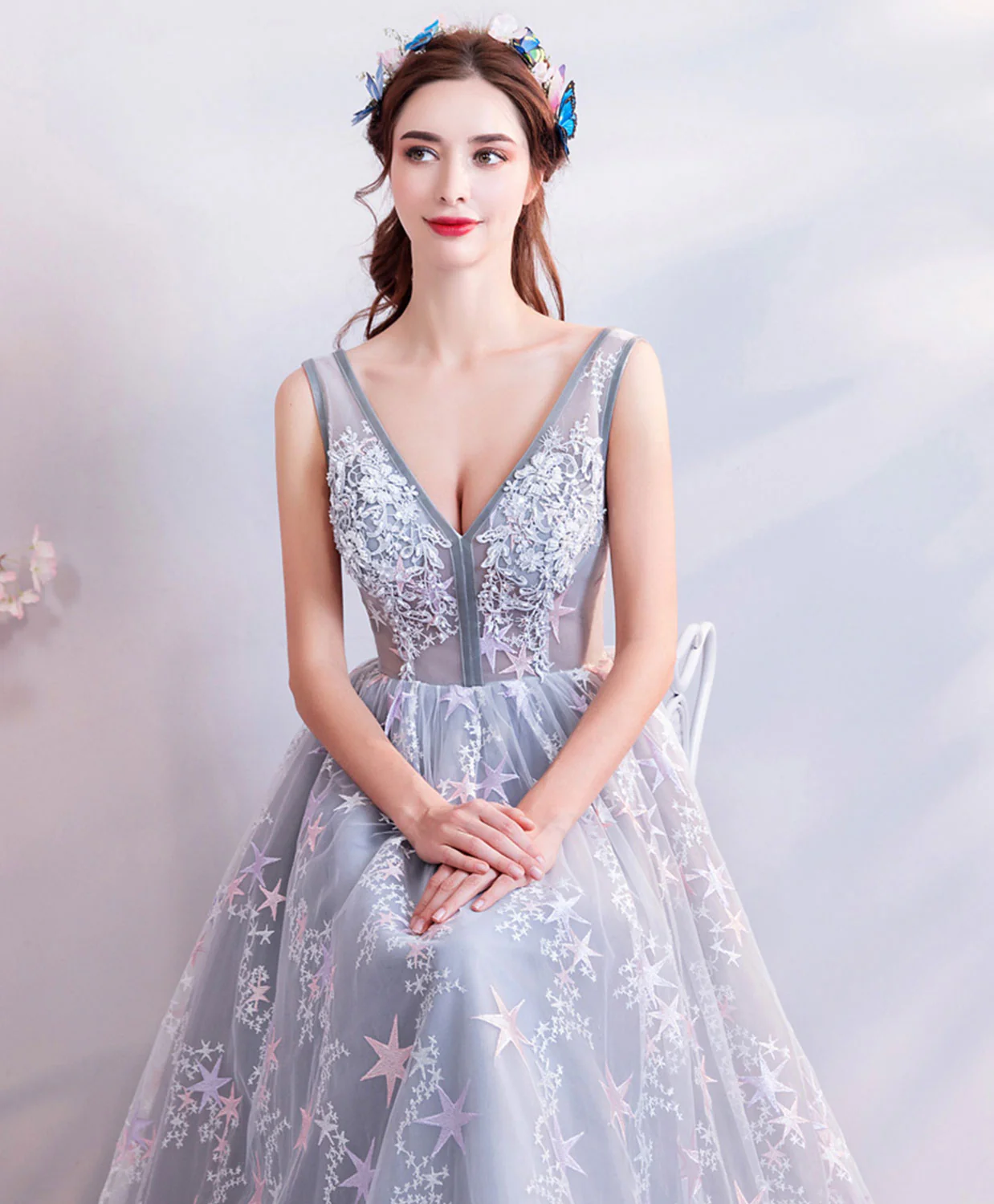 A-Line Gray V Neck Lace Long Prom Dress, Gray Lace Formal Evening Dresses - Deanwangkt