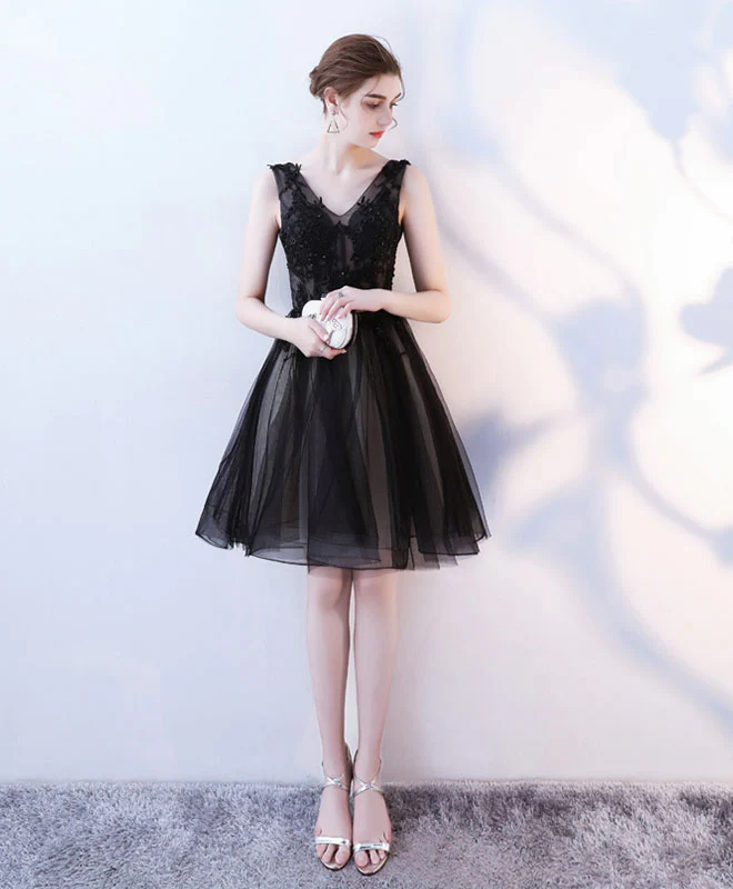 Black V Neck Tulle Lace Short Prom Dress, Homecoming Dress - Deanwangkt
