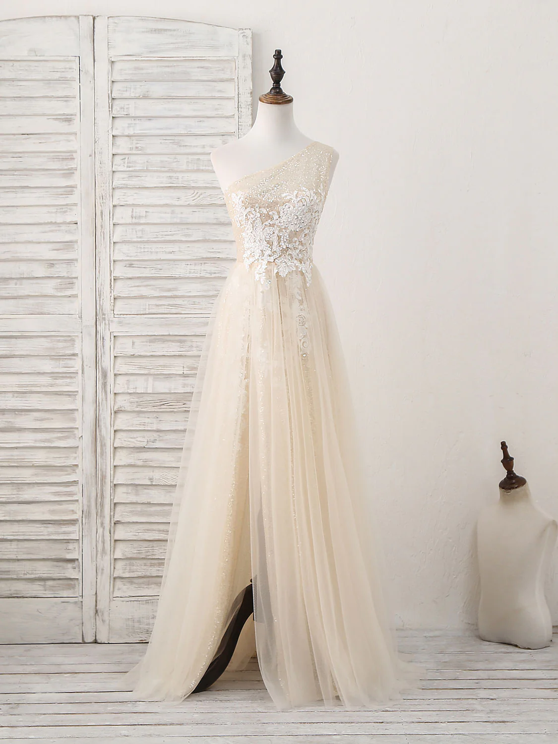 Unique Champagne Tulle Sequin Long Prom Dress, Champagne Evening Dress - Deanwangkt