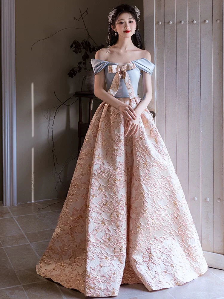 A-Line Off Shoulder Satin Pink Long Prom Dress, Pink Long Evening Dress - Deanwangkt