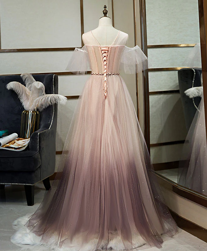 Unique Tulle Round Neck Lace Long Prom Dress Tulle Evening Dress - Deanwangkt
