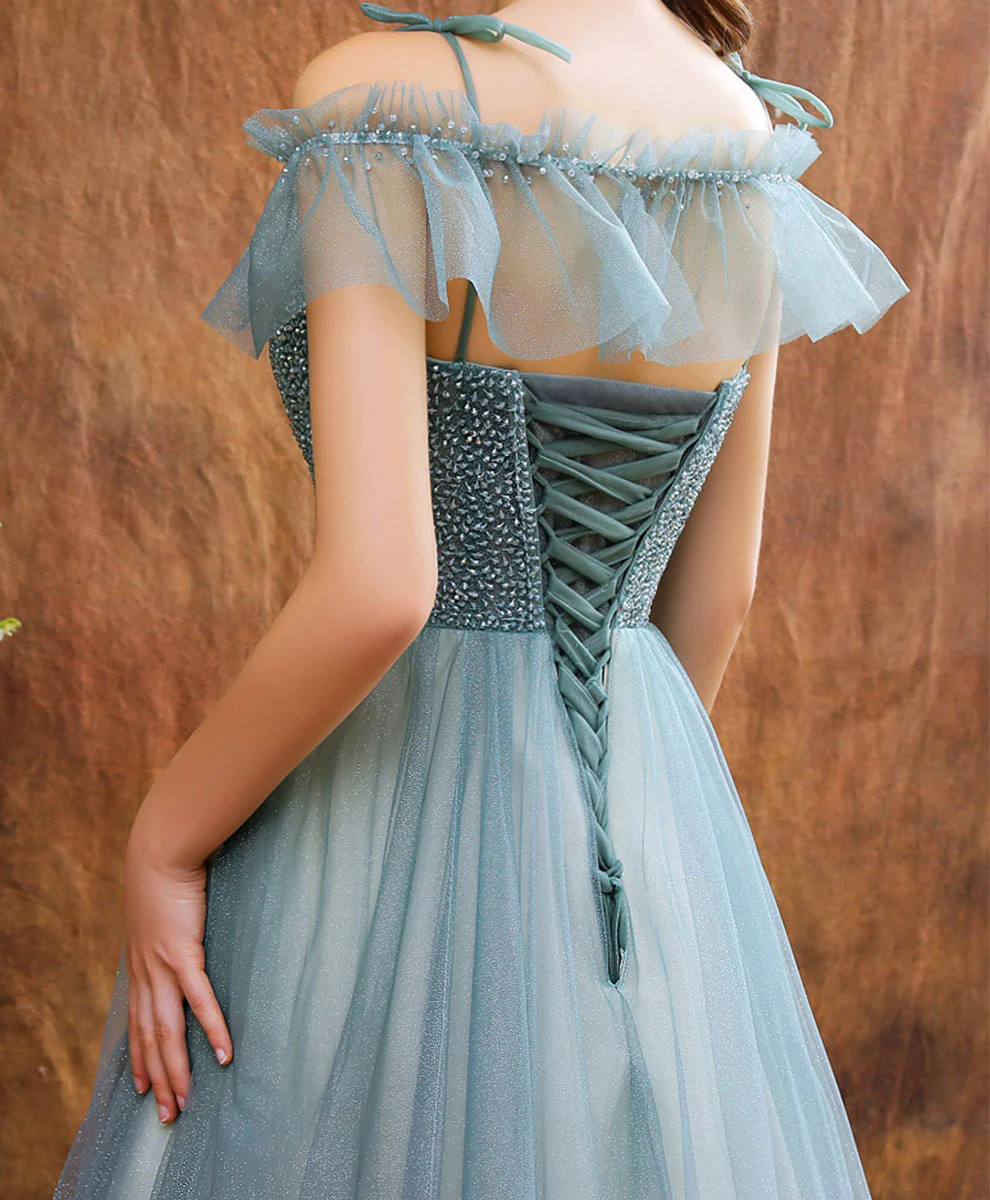 Unique Tulle Beads Long Green Prom Dress, Tulle Formal Dress - Deanwangkt