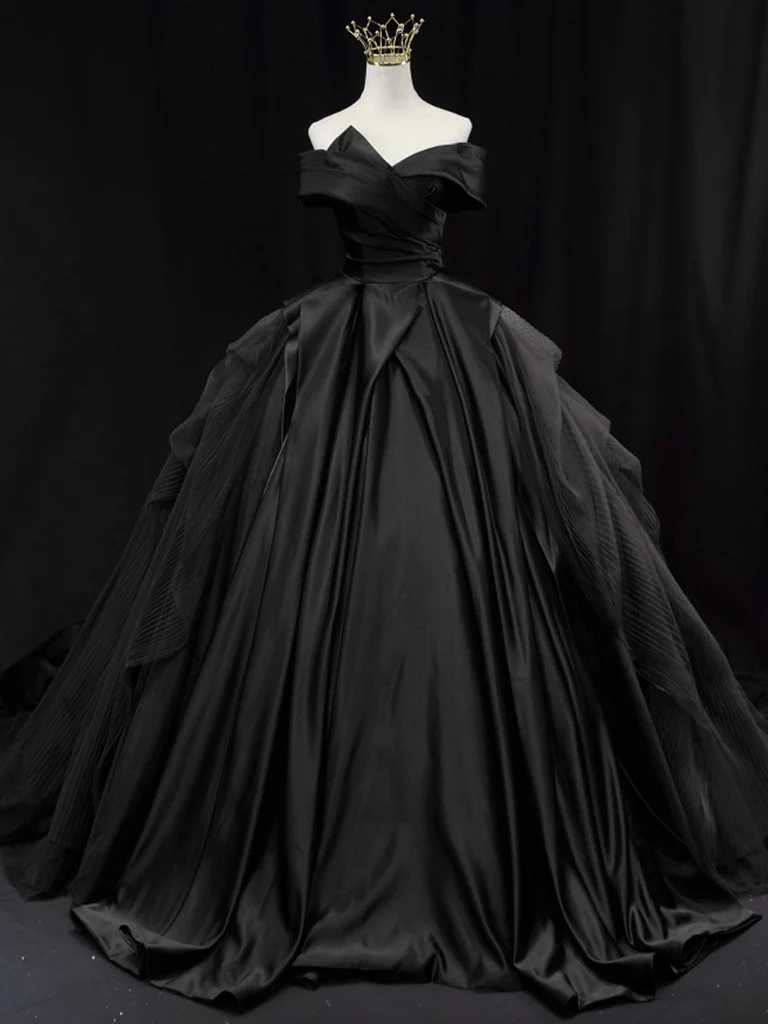 Off Shoulder Tulle Satin Blue Long Prom Gown, Blue Long Evening Dress - Deanwangkt