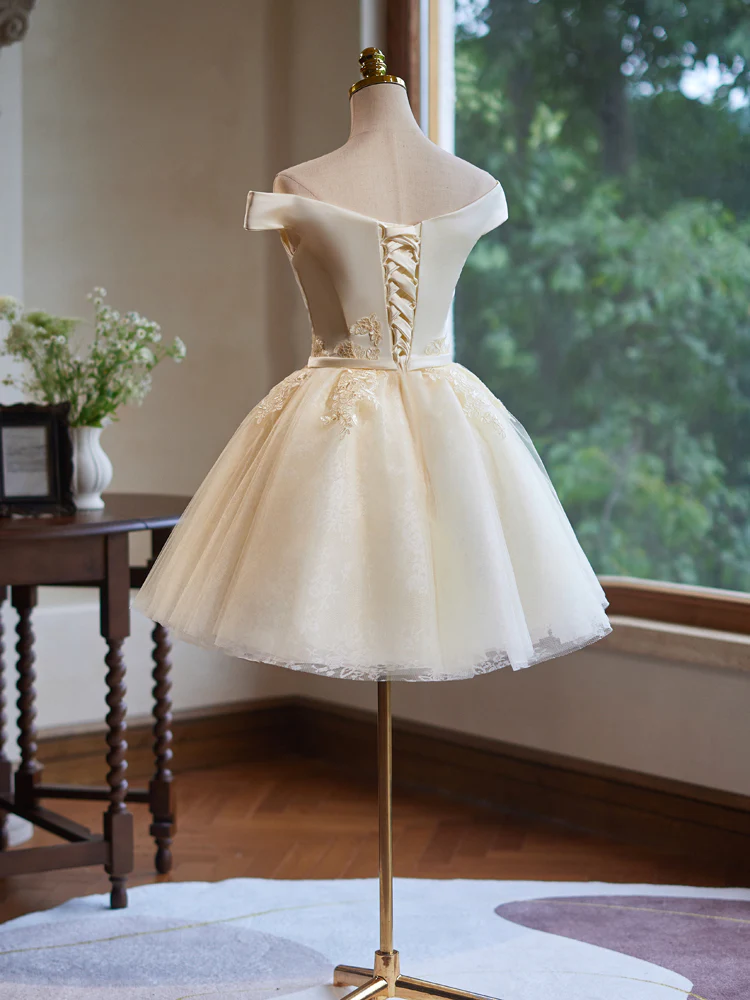 A-Line Off Shoulder Tulle Lace Short Champagne Prom Dress, Champagne Homecoming Dress - Deanwangkt