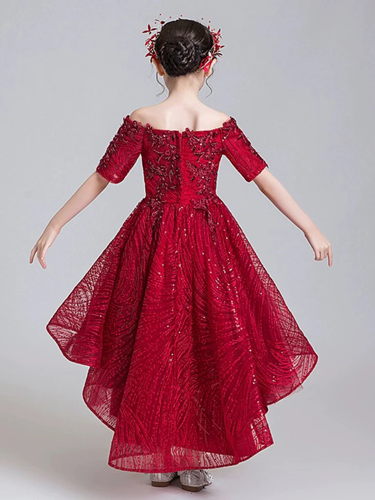 A-Line High Low Tulle Lace Burgundy Flower Girl Dress - Deanwangkt