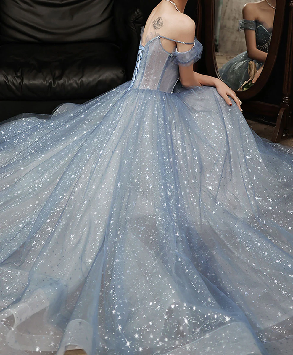 Blue Tulle Beads Long Prom Dress, Blue Sweet 16 Dress with Beading Sequin - Deanwangkt