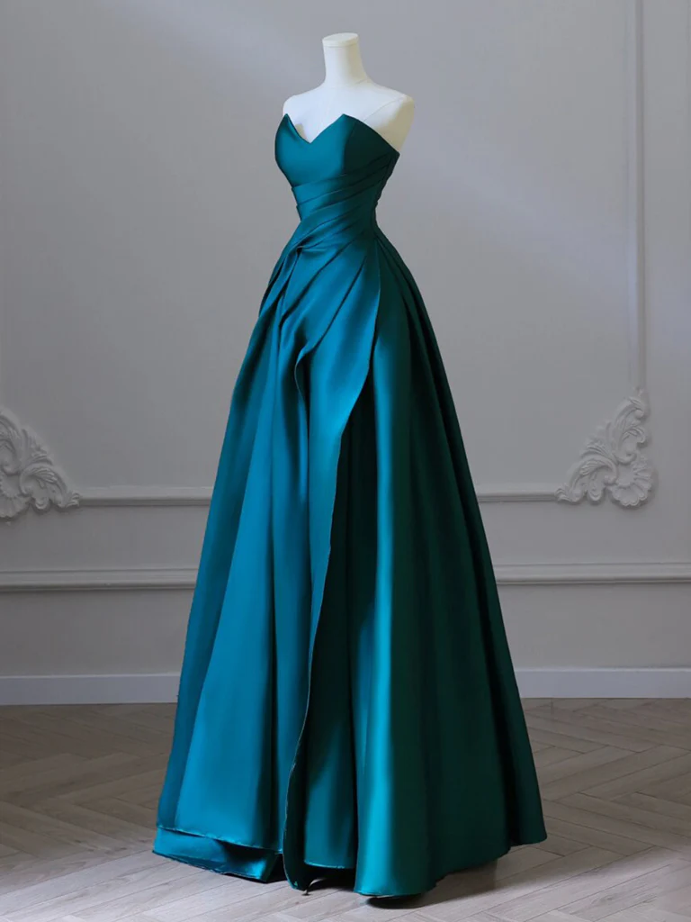 A-Line Strapless Satin Peacock Blue Long Prom Dress, Simple Peacock Blue Evening Dress - Deanwangkt