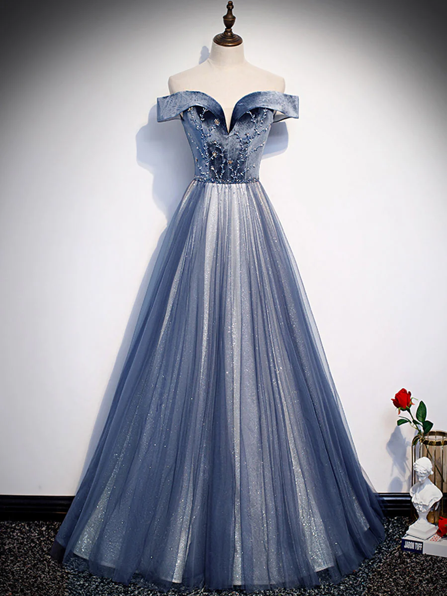 Blue Tulle Beads Long Prom Dress, Blue Tulle Formal Dress - Deanwangkt