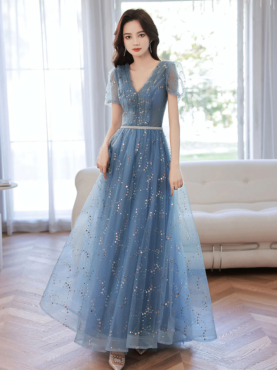 Blue V Neck Tulle Tea Length Prom Dress, Blue Tulle Formal Evening Dress - Deanwangkt