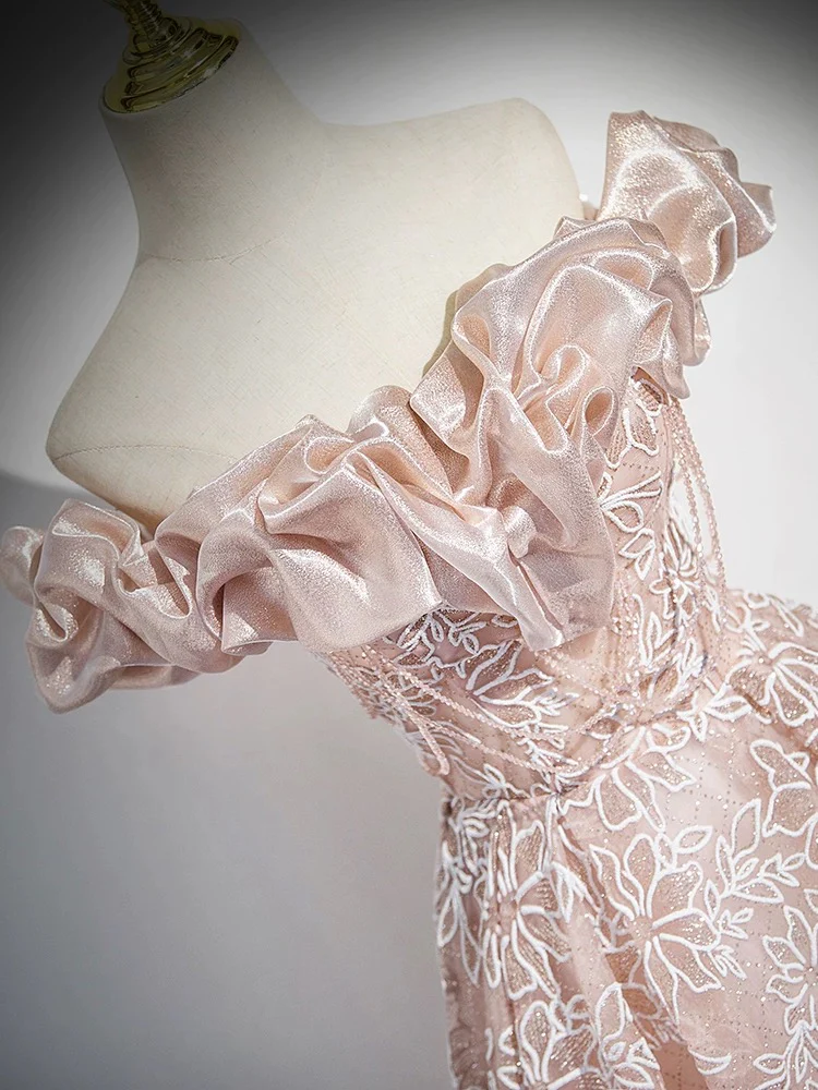 A-Line Off Shoulder Tulle Lace Pink Long Prom Dress, Pink Long Formal Dress - Deanwangkt