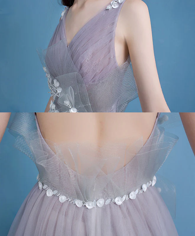 Unique V Neck Tulle Long Prom Dress, Tulle Long Evening Dresses - Deanwangkt