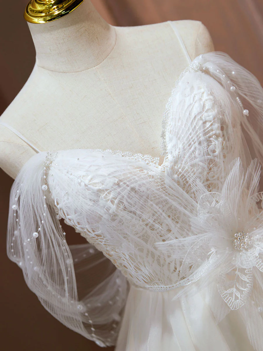 A Line Sweetheart Neck Tulle Lace Beige Short Prom Dress,  Puffy Cute Homecoming Dress - Deanwangkt