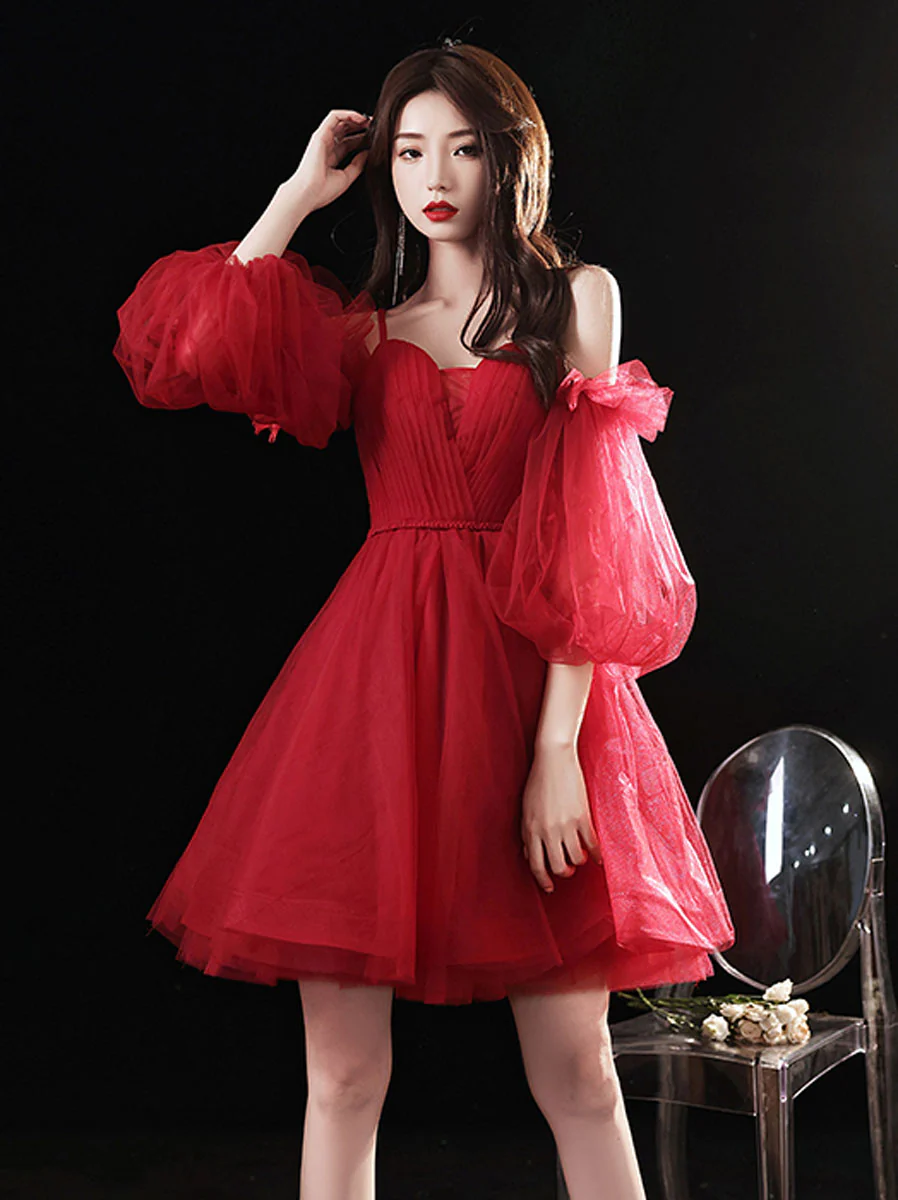 Red Sweetheart Neck Tulle Short Prom Dress, Puffy Red Homecoming Dresses - Deanwangkt