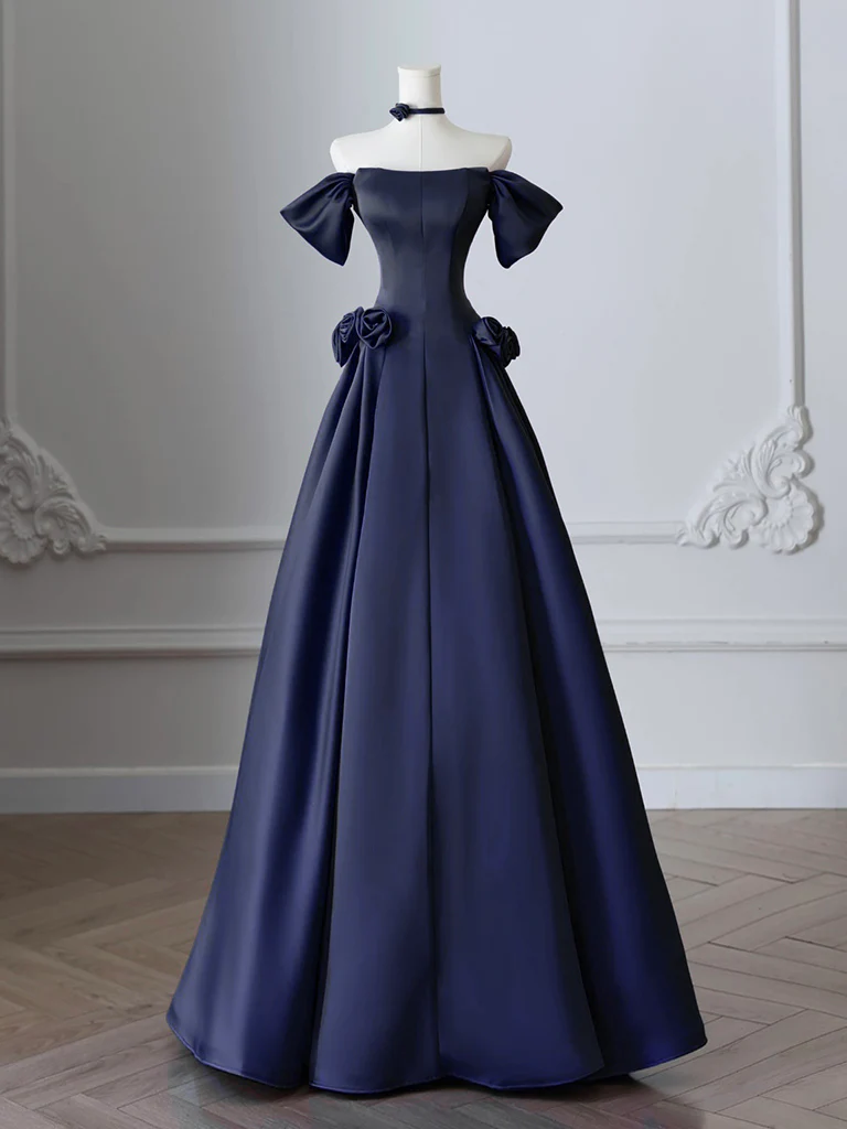 A-Line Off Shoulder Satin Dark Blue Long Prom Dress, Dark Blue Long Formal Dress - Deanwangkt