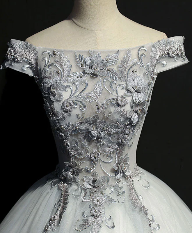 Gray Tulle Lace Off Shoulder Long Prom Gown Tulle Lace Evening Dress - Deanwangkt