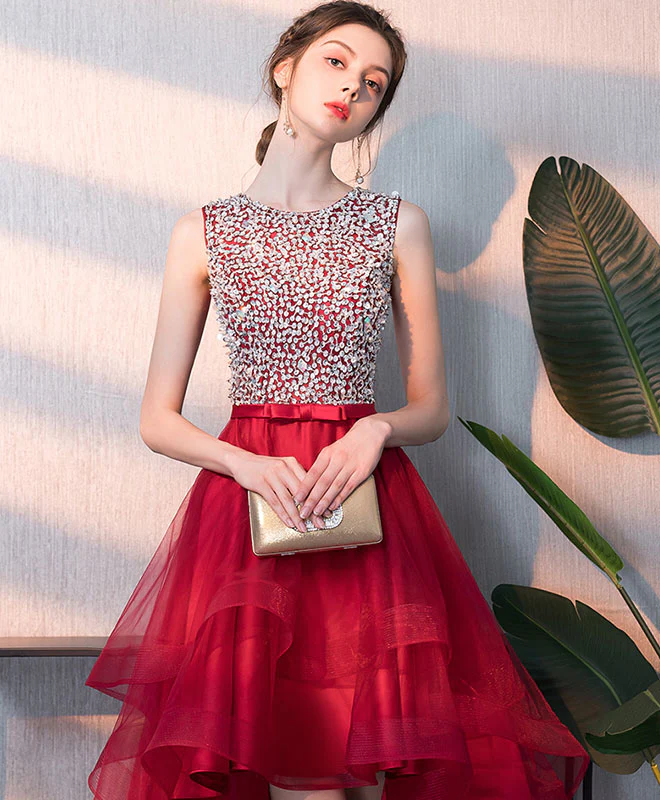 Burgundy Tulle Round Neck Sequin Short Prom Dress, Burgundy Homecoming Dress - Deanwangkt