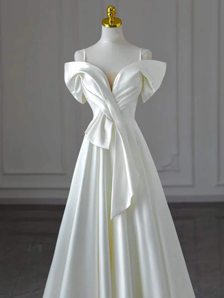 A-Line Off Shoulder Satin  White Long Prom Dress, White Long Formal Dress - Deanwangkt