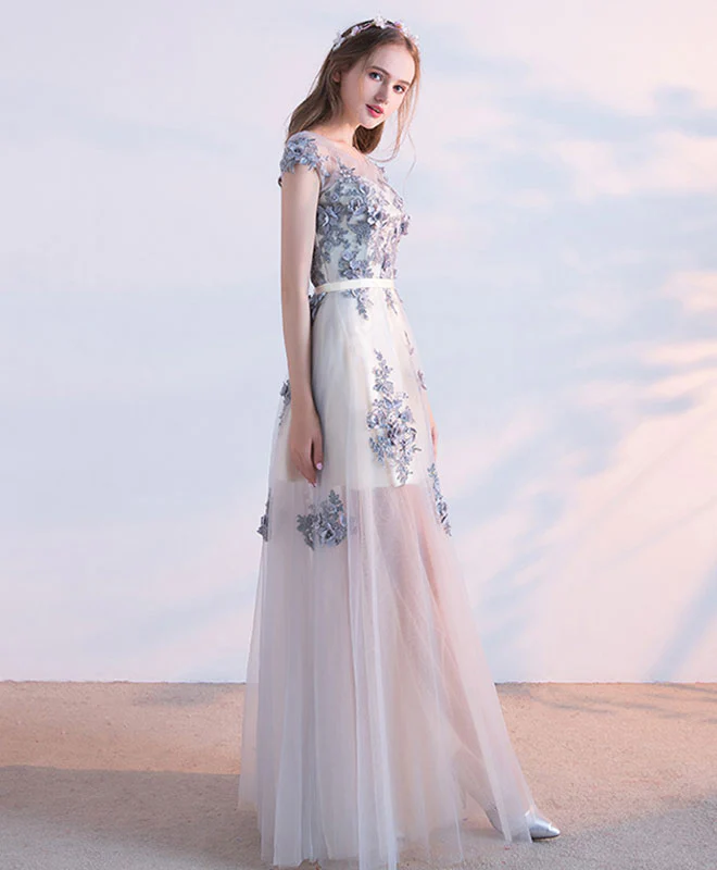 Gray Tulle Lace Long Prom Dress, Evening Dress - Deanwangkt