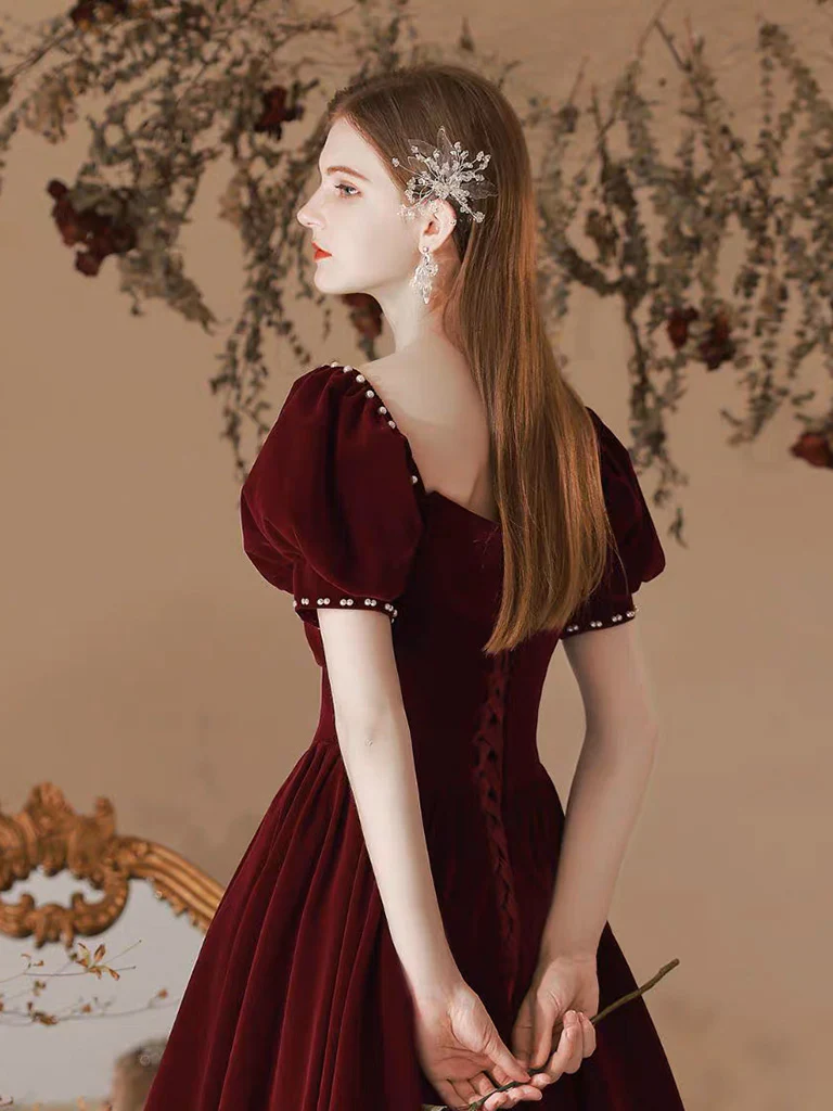 A-Line Velvet Tea Length Burgundy Prom Dress, Burgundy Formal Dress - Deanwangkt