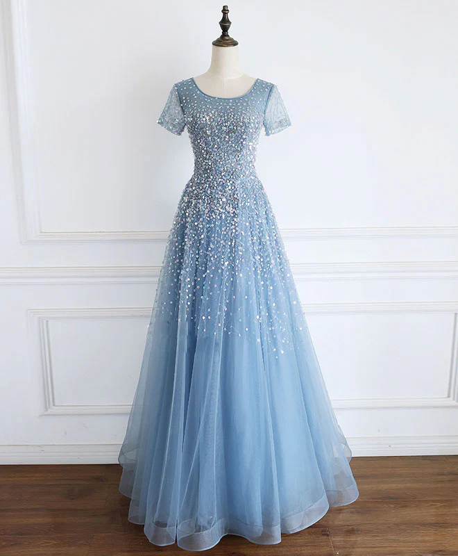 Blue Round Neck Tulle Sequin Beads Long Prom Dress Blue Tulle Formal Dress - Deanwangkt