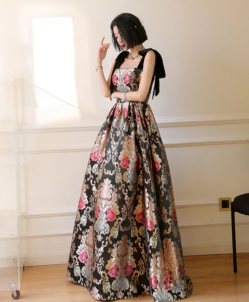 Unique Satin Long Prom Dress, Flowers Satin Long Evening Dress - Deanwangkt