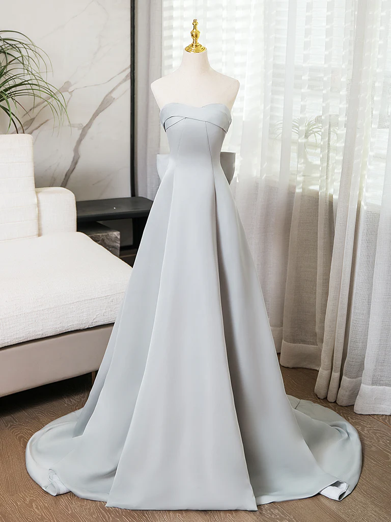 A-Line Sweetheart Neck Satin Gray Long Prom Dress, Gray Long Formal Dress - Deanwangkt