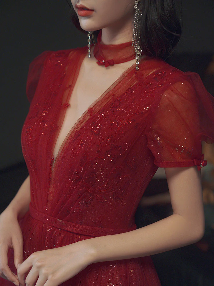 Burgundy  Tulle Sequin Long Prom Dress, Burgundy Tulle Formal Dresses - Deanwangkt